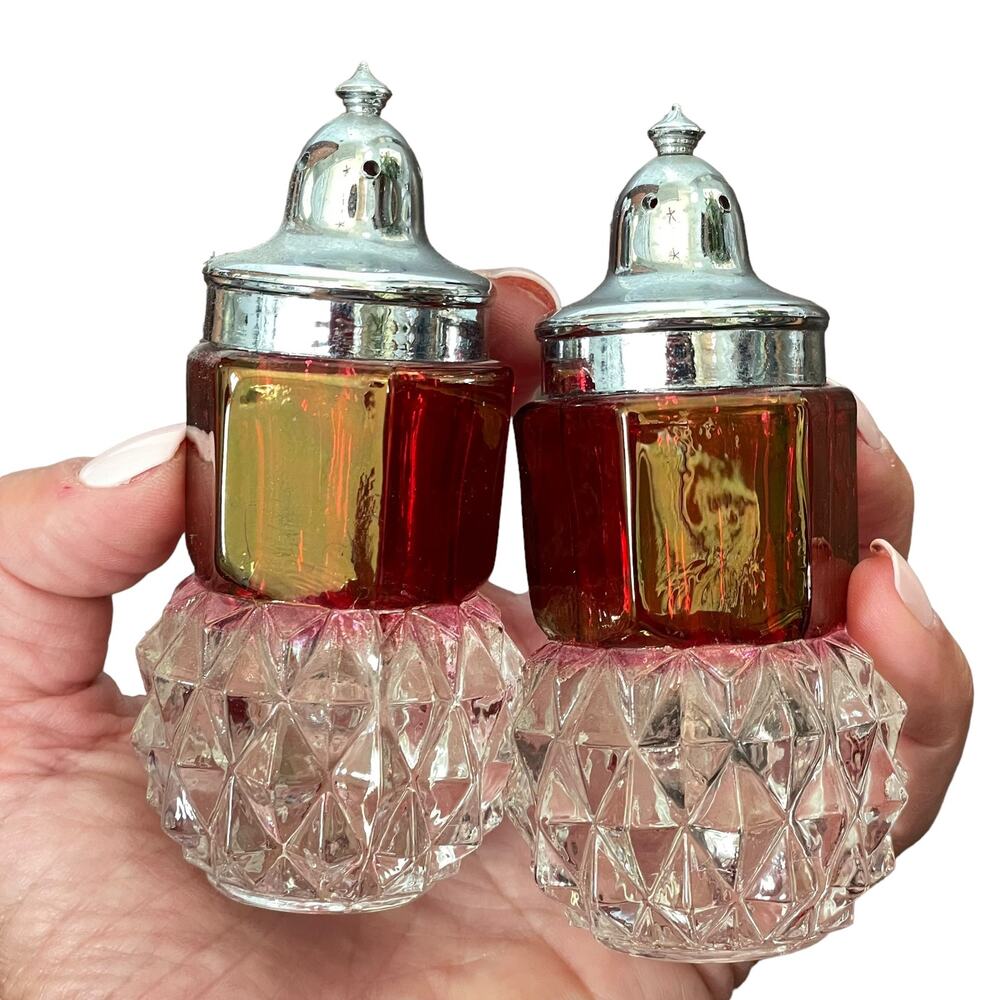 Indiana Glass Ruby Red Flash Kings Crown Diamond Point Salt & Pepper Shakers